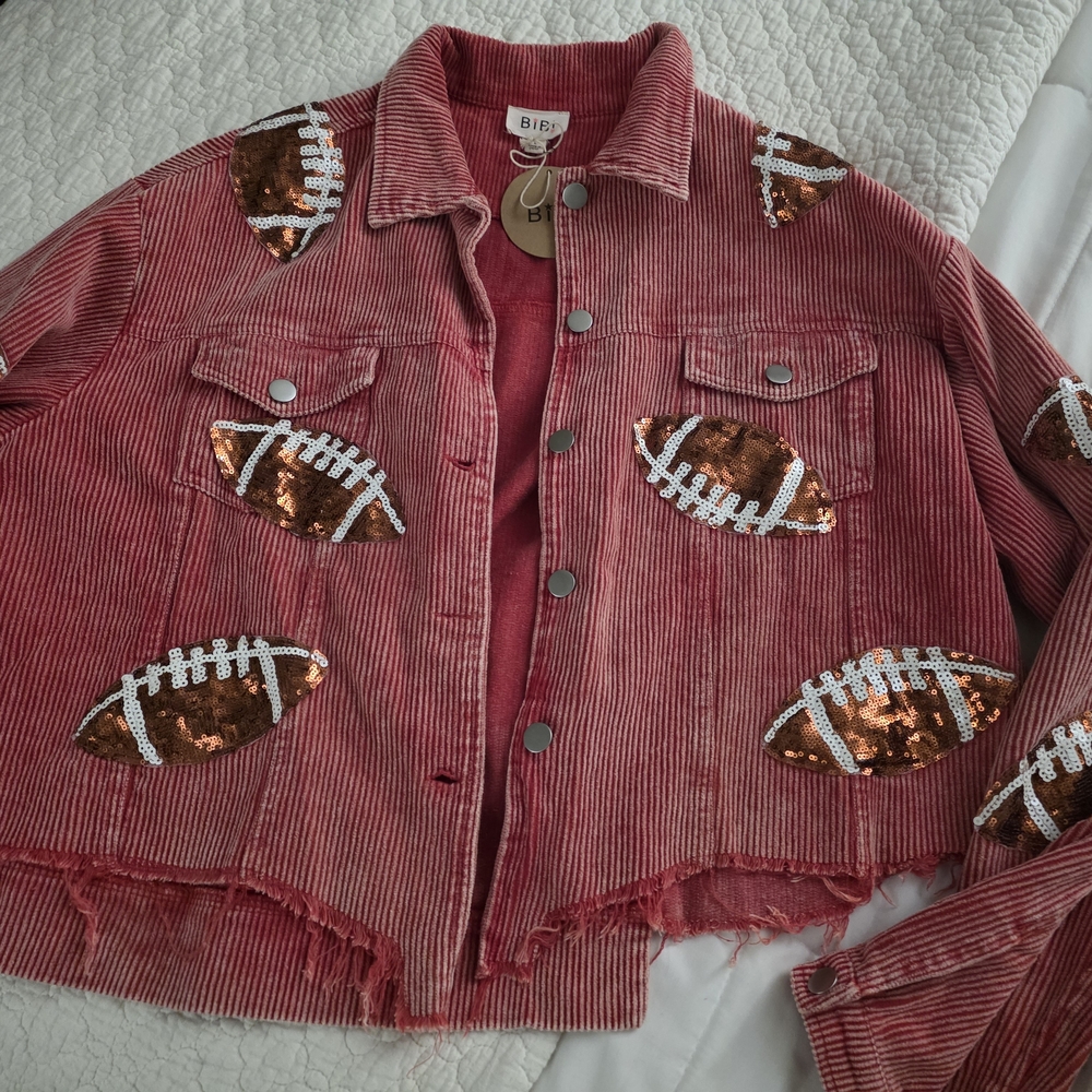 Red Corduroy Jacket with Sequin Footballs